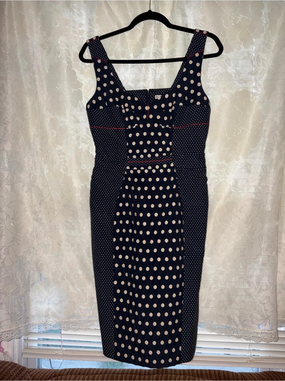 Navy Polka Dot Sheath Dress with Red Trim